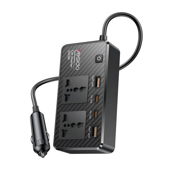 YESIDO АВТОМОБИЛЬНЫЙ ИНВЕРТОР 12V 200W MAX 1*AC220V 1*200W 2*USB-A 2*TYPE-C, ЧЕРНЫЙ