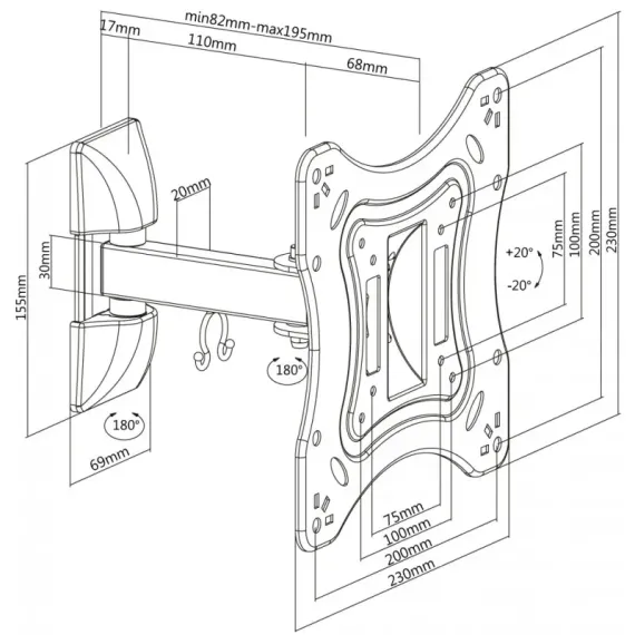 НАКЛОННО-ПОВОРОТНОЕ НАСТЕННОЕ КРЕПЛЕНИЕ REFLECTA FLEXO 42-2020T2, ЧЁРНЫЙ