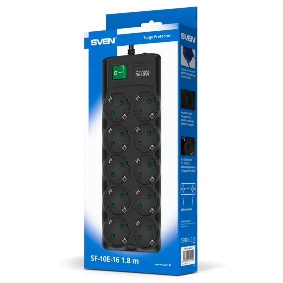 СЕТЕВОЙ ФИЛЬТР SVEN SF-10E-16, 10 РОЗЕТОК, 1,8М, ЧЕРНЫЙ