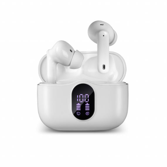 SVEN E-310B, TWS WIRELESS IN-EAR STEREO EARBUDS WITH MICROPHONE, BLUETOOTH 5.4, ANC, ENC, TRANSPARENCY MODE, GAME MODE, SMART LIFE APP, LED DISPLAY, ”FIND ME” FUNCTION, 26 HOURS BATTERY LIFE WITH THE CHARGING CASE, SENSOR BUTTONS, WHITE