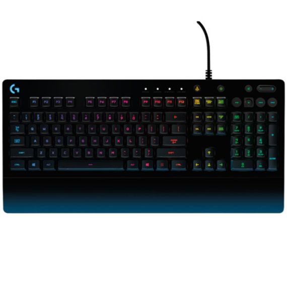 LOGITECH GAMING KEYBOARD G213 PRODIGY, MECH-DOME, SPILL RESISTANCE, MEDIA CONTROLS, RGB, INTEGRATED PALM REST, ADJUSTABLE FEET, ANTI-GHOSTING, GAME MODE, USB, BLACK, US INTERNATIONAL LAYOUT