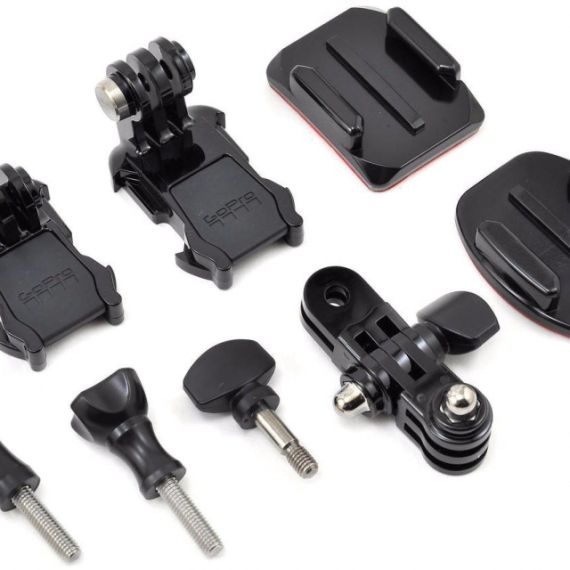 GOPRO GRAB BAG -GIVE YOURSELF MORE MOUNTING OPTIONS AND SPARE PARTS. INCLUDES CURVED AND FLAT ADHESIVE MOUNTS, TWO MOUNTING BUCKLES, A 3-WAY PIVOT ARM, PLUS A VARIETY OF SHORT AND LONG THUMB SCREWS, COMPATIBLE WITH ALL GOPRO CAMERAS.