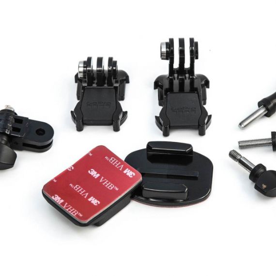 GOPRO GRAB BAG -GIVE YOURSELF MORE MOUNTING OPTIONS AND SPARE PARTS. INCLUDES CURVED AND FLAT ADHESIVE MOUNTS, TWO MOUNTING BUCKLES, A 3-WAY PIVOT ARM, PLUS A VARIETY OF SHORT AND LONG THUMB SCREWS, COMPATIBLE WITH ALL GOPRO CAMERAS.