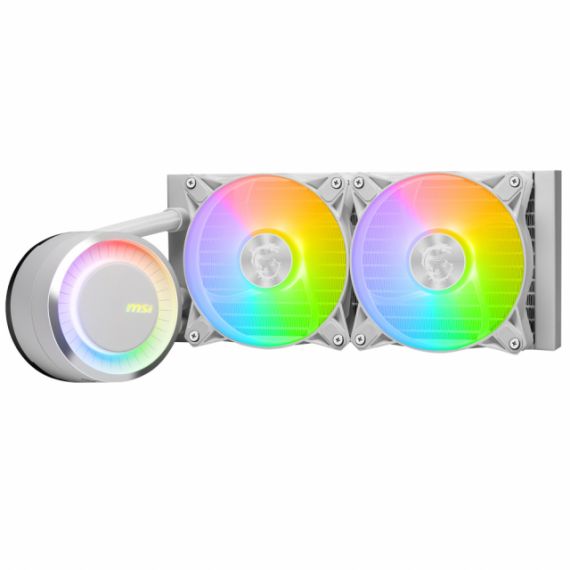 MSI MAG CORELIQUID E240 WHITE, 240MM RADIATOR, INTEL LGA 1851/1700/1200/115X & AMD AM5/AM4, 2X 120MM ARGB FDB FANS, 14.3 ~ 34.3 DBA, 75.04 CFM, 4-PIN PWM, PUMP W/ARGB: 3000 RPM ± 10%, 20 DBA, 4-PIN PWM, 200,000 HOURS, COOPER BASE, ROTATABLE WATER CAP FOR 