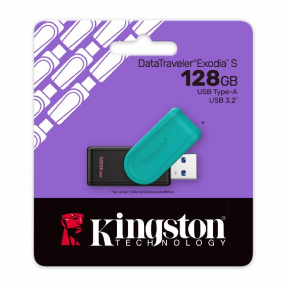 128GB USB3.2  KINGSTON DATATRAVELER EXODIA S BLACK/TEAL, MOVING CAP DESIGN, (READ 100 MBYTE/S, WRITE 12 MBYTE/S)