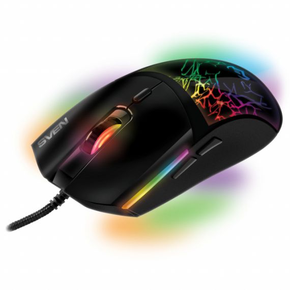 SVEN RX-G995 PROGRAMMABLE GAMING MOUSE, 1000 - 16000 DPI, PROGRAMMABLE 5+1 BUTTONS (SCROLL WHEEL),  GAMING SENSOR PIXART 3389, CUSTOMIZABLE RGB BACKLIGHTT, DURABLE BRAIDED CABLE, USB, 1.8M, BLACK