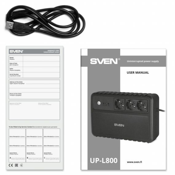 SVEN UP-L800, LINE-INTERACTIVE UPS WITH AVR, 800VA /400W, 3 X SCHUKO OUTLETS, LED STATUS INDICATION, USB, BLACK