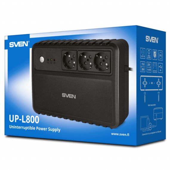 SVEN UP-L800, LINE-INTERACTIVE UPS WITH AVR, 800VA /400W, 3 X SCHUKO OUTLETS, LED STATUS INDICATION, USB, BLACK