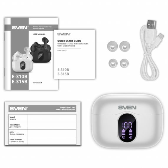 SVEN E-310B, TWS WIRELESS IN-EAR STEREO EARBUDS WITH MICROPHONE, BLUETOOTH 5.4, ANC, ENC, TRANSPARENCY MODE, GAME MODE, SMART LIFE APP, LED DISPLAY, ”FIND ME” FUNCTION, 26 HOURS BATTERY LIFE WITH THE CHARGING CASE, SENSOR BUTTONS, WHITE