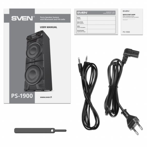 SVEN PS-1900, 1000W (2X500) DYNAMIC SWITCHABLE RGB BACKLIGHT, TWS, BLUETOOTH, FM, USB, LED DISPLAY, 2 MICROPHONE INPUTS FOR KARAOKE, NFC, AUDIO INPUT FOR CONNECTING AN ELECTRIC GUITAR, CARRYING HANDLE AND WHEELS, WOODEN BODY (MDF), 17.2 KG, BLACK