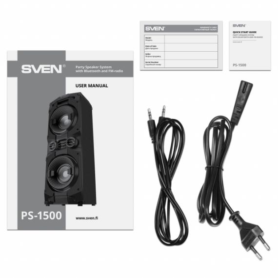 SVEN PS-1500, 500W (2X250) DYNAMIC SWITCHABLE RGB BACKLIGHT, TWS, BLUETOOTH, FM, USB, LED DISPLAY, MICROPHONE INPUT FOR KARAOKE, NFC, AUDIO INPUT FOR CONNECTING AN ELECTRIC GUITAR, CARRYING HANDLE AND WHEELS, WOODEN BODY (MDF), 13 KG, BLACK