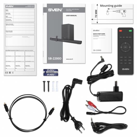 SVEN SOUNDBAR SB-2200D WITH WIRELESS SUBWOOFER, 300 W, BLUETOOTH, USB, AUX (3.5MM JACK), HDMI (ARC), SPDIF (OPTICAL), REMOTE CONTROL, SUPPORT OF DOLBY DIGITAL, LED DISPLAY, BLACK