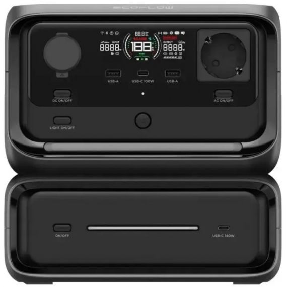 ECOFLOW RIVER 3 MAX PORTABLE POWER STATION WITH EXTRA BATTERY EB300 (286WH), CAPACITY: 572WH, AC OUTPUT: 600W TOTAL (X-BOOST 1200W), UPS, NUMBER OUTLETS 7 (3 AC OUTLETS, 2 USB-A, 2 USB-C 140W, CAR OUTPUT: 100W), UPS <10MS, WIFI, BLUETOOTH, MOBILE APP, NET