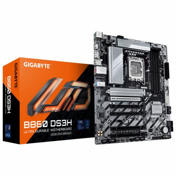 GIGABYTE B860 DS3H, SOCKET 1851, 11PHASES, INTEL(R) B860 (ULTRA 2 SERIES CPU), CPU GRAPHICS, HDMI, DP, DUAL 4XDDR5-9066, 5XPCIE X16 5.0, 4XSATA3, RAID, 2XM.2 5.0, 1XPCIE X1, REALTEK 7.1 HDA, 2.5GBE LAN, 1XUSB-C 3.2GEN2X2, 1XUSB3.2GEN2, 3XUSB3.2(1C+2A), RGB 