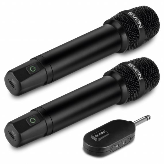 SVEN MK-742, TWO WIRELESS DYNAMIC MICROPHONES, LI-ION 180MAH, 2.4GHZ RADIO / 6.3 MM PLUG, UP TO 25 M DISTANCE, UP TO 12 HOURS, POP FILTER, BLACK