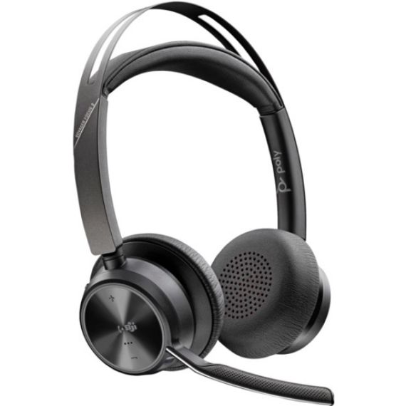 POLY VOYAGER FOCUS 2-M MICROSOFT TEAMS CERTIFIED STEREO BLUETOOTH HEADSET WITH CHARGE STAND, NOISE-CANCELLING DUAL-MIC + ACOUSTICFENCE TECHNOLOGY, 3 LEVELS OF ADVANCED HYBRID ANC, UP TO 25 HOURS OF WIRELESS TALK TIME, COMFORTABLE HEADBAND & EAR CUSHIONS, 