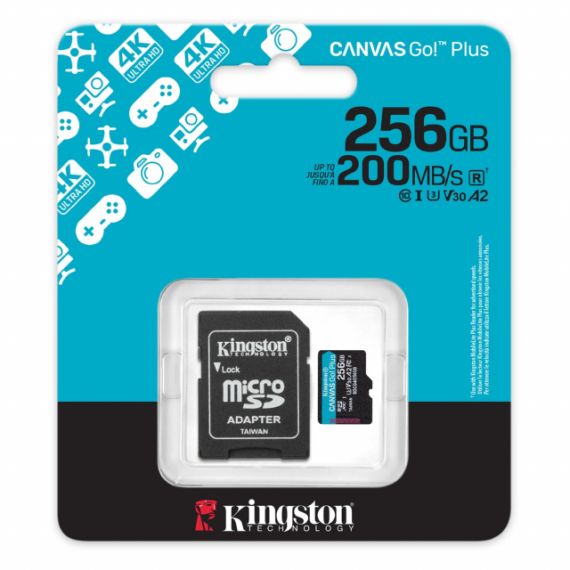 256GB MICROSD CLASS10 A2 UHS-I U3 (V30) KINGSTON CANVAS GO PLUS GEN 4 + SD ADAPTER, ULTIMATE, UP TO 200MB/S, IDEAL FOR ANDROID MOBILE DEVICES, ACTION CAMS, DRONES AND 4K VIDEO PRODUCTION