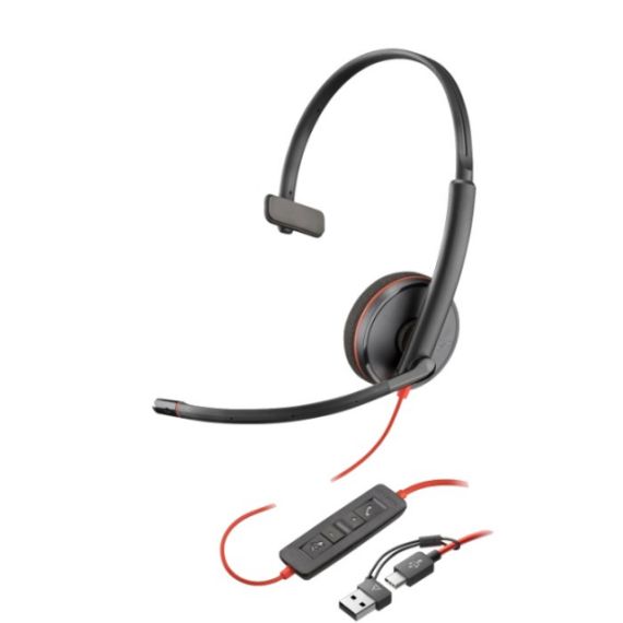POLY BLACKWIRE 3210 MONAURAL USB-C HEADSET (BULK), MICROPHONE NOISE-CANCELING, SOUNDGUARD, DSP, RECEIVE OUTPUT FROM 20 HZ-20 KHZ, MICROPHONE 100 HZ-10 KHZ, CALL ANSWER/IGNORE/END/HOLD, REDIAL, MUTE, VOLUME +/-, OEM, CABLE LENGTH 1610MM