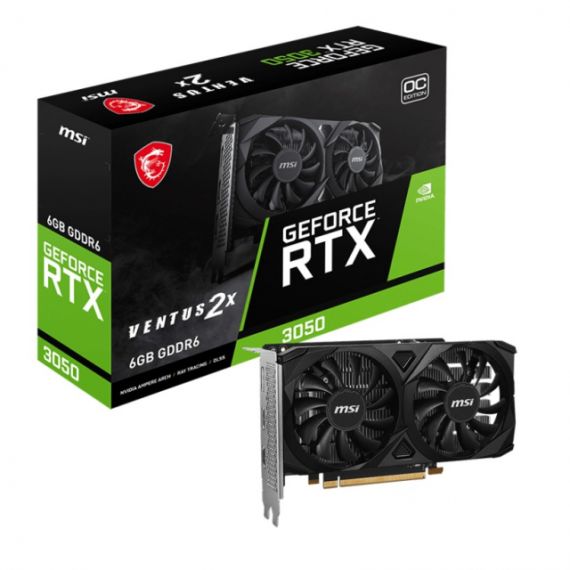 MSI GEFORCE RTX(TM) 3050 VENTUS 2X E 6G OC /  6GB GDDR6 96BIT 1492/14000MHZ,  AMPERE, PCI-E GEN4, 2XHDMI, 1XDP, DUAL FAN THERMAL DESIGN - TAILORED PCB, CUSTOM FANS DESIGN WITH A UNIQUE CURVE, OC SCANNER, ON SCREEN DISPLAY, PREDATOR SOFTWARE, RETAIL