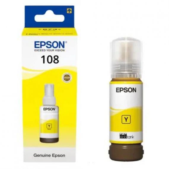EPSON 108 ECOTANK YELLOW INK BOTTLE, 70ML, 7200P. FOR ECOTANK L8050 & L18050.
