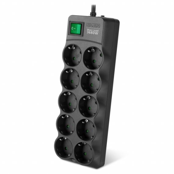 SURGE PROTECTOR SVEN SF-10E-16, 10 SOCKETS, CHILDREN PROTECTION, VARISTOR PROTECTION, NON-FLAMMABLE, 3680W, 1.8M, BLACK