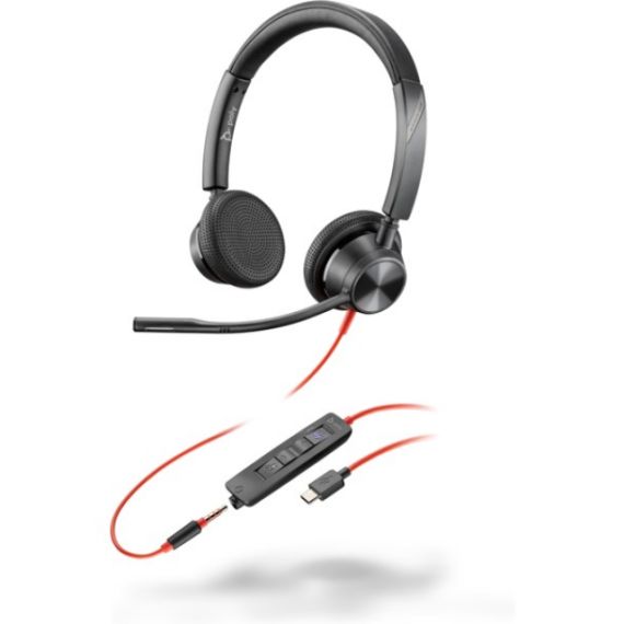 POLY BLACKWIRE 3325-M STEREO USB-C HEADSET, 3.5 MM, MICROSOFT TEAMS CERTIFIED, MICROPHONE NOISE-CANCELING, SOUNDGUARD, DSP, RECEIVE OUTPUT FROM 80 HZ-20 KHZ, MICROPHONE 100 HZ-10 KHZ, CALL ANSWER/IGNORE/END/HOLD, REDIAL, MUTE, VOLUME +/-, CABLE LENGTH 215