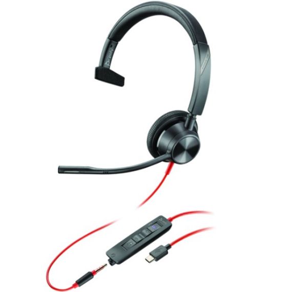 POLY BLACKWIRE 3315-M MONO MICROSOFT TEAMS CERTIFIED USB-С HEADSET, 3.5 MM, MICROPHONE NOISE-CANCELING, SOUNDGUARD, DSP, RECEIVE OUTPUT FROM 80 HZ-20 KHZ, MICROPHONE 100 HZ-10 KHZ, CALL ANSWER/IGNORE/END/HOLD, REDIAL, MUTE, VOLUME +/-, CABLE LENGTH 215CM,