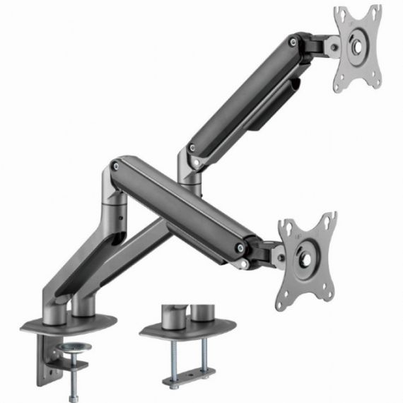 ARM FOR 2 MONITORS 17”-32” - GEMBIRD MA-DA2-05, STEEL (1.35 MM), GAS SPRING 2-9 KG PER DISPLAY, VESA 75/100, ARM ROTATES, EXTENDS AND RETRACTS, TILTS TO CHANGE READING ANGLES, AND ALLOWS TO ROTATE DISPLAY FROM LANDSCAPE-TO-PORTRAIT MODE, SPACE GREY