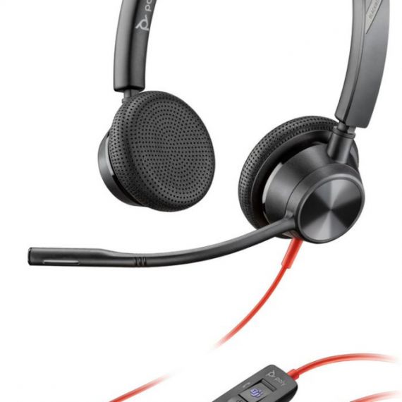 POLY BLACKWIRE 3325-M STEREO USB-A HEADSET, 3.5 MM, MICROSOFT TEAMS CERTIFIED, MICROPHONE NOISE-CANCELING, SOUNDGUARD, DSP, RECEIVE OUTPUT FROM 80 HZ-20 KHZ, MICROPHONE 100 HZ-10 KHZ, CALL ANSWER/IGNORE/END/HOLD, REDIAL, MUTE, VOLUME +/-, CABLE LENGTH 215