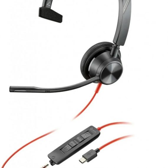 POLY BLACKWIRE 3315 MONO USB-С HEADSET, 3.5 MM, MICROPHONE NOISE-CANCELING, SOUNDGUARD, DSP, RECEIVE OUTPUT FROM 80 HZ-20 KHZ, MICROPHONE 100 HZ-10 KHZ, CALL ANSWER/IGNORE/END/HOLD, REDIAL, MUTE, VOLUME +/-, CABLE LENGTH 215CM, 102G