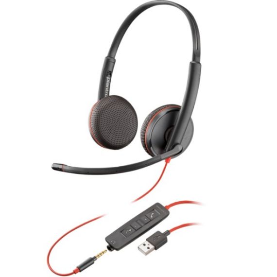 POLY BLACKWIRE 3225 STEREO USB-A HEADSET +3.5MM PLUG (BULK), MICROPHONE NOISE-CANCELING, SOUNDGUARD, DSP, RECEIVE OUTPUT FROM 20 HZ-20 KHZ, MICROPHONE 100 HZ-10 KHZ, CALL ANSWER/IGNORE/END/HOLD, REDIAL, MUTE, VOLUME +/-, OEM, CABLE LENGTH 227CM