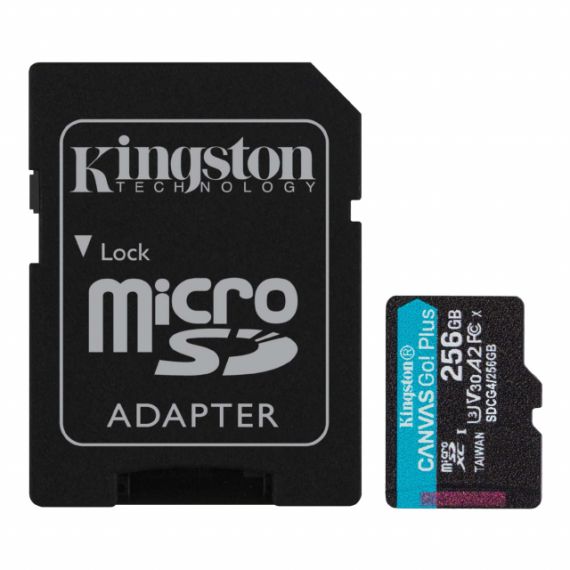 256GB MICROSD CLASS10 A2 UHS-I U3 (V30) KINGSTON CANVAS GO PLUS GEN 4 + SD ADAPTER, ULTIMATE, UP TO 200MB/S, IDEAL FOR ANDROID MOBILE DEVICES, ACTION CAMS, DRONES AND 4K VIDEO PRODUCTION