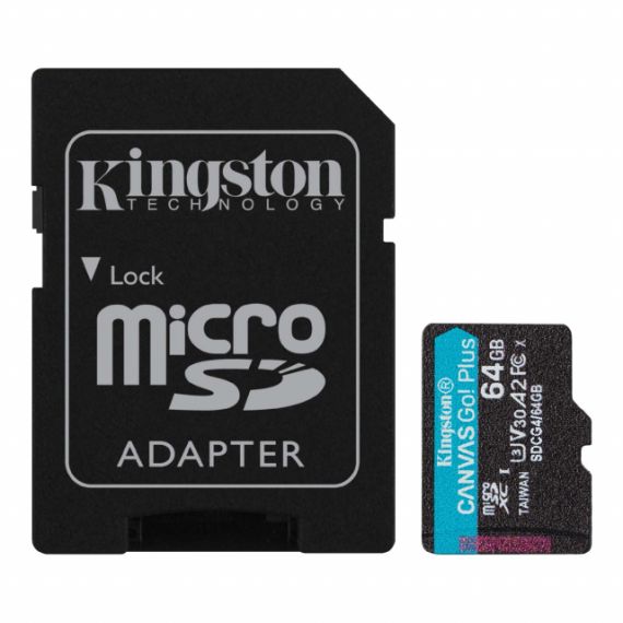 64GB MICROSD CLASS10 A2 UHS-I U3 (V30) KINGSTON CANVAS GO PLUS GEN 4 + SD ADAPTER, ULTIMATE, UP TO 200MB/S, IDEAL FOR ANDROID MOBILE DEVICES, ACTION CAMS, DRONES AND 4K VIDEO PRODUCTION