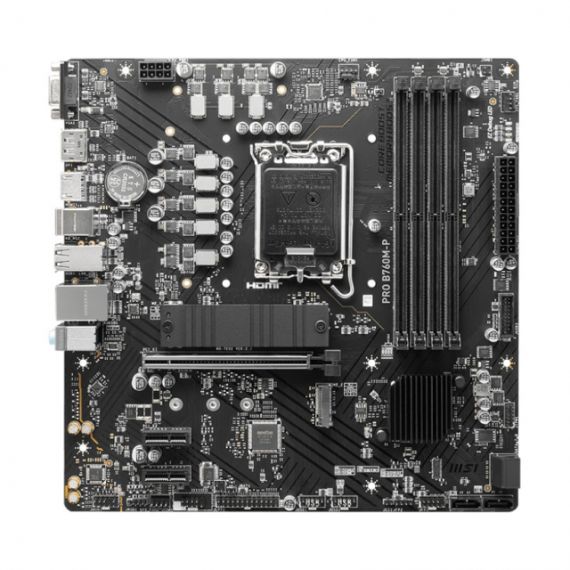 MSI PRO B760M-P, SOCKET 1700, INTEL(R) B760 (14/13/12TH GEN CPU), CPU GRAPHICS, VGA, HDMI, DP, DUAL 4XDDR5-6800, 1XPCIE X16 4.0, 4XSATA3, RAID, 2XM.2 4.0, 2XPCIE X1, ALC897 7.1 HDA, 2.5GBE LAN, 1XUSB-C 3.2GEN2, 3XUSB3.2, LPT+COM-PORT HEADER, RGB LED, MATX