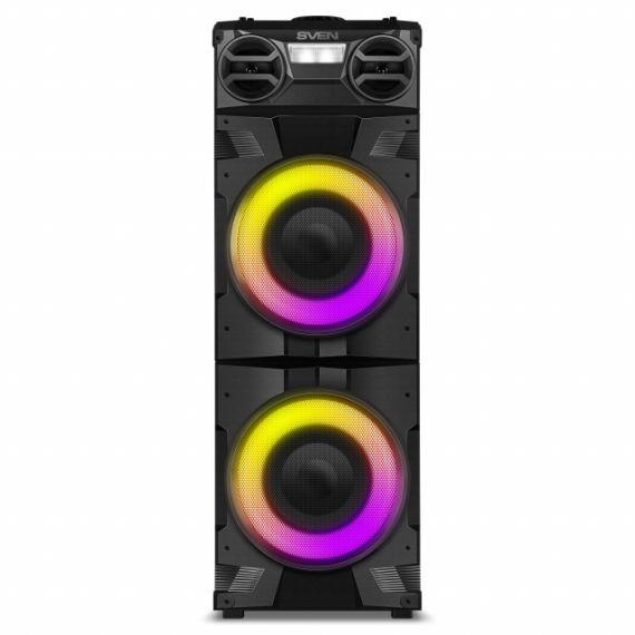 SVEN PS-1900, 1000W (2X500) DYNAMIC SWITCHABLE RGB BACKLIGHT, TWS, BLUETOOTH, FM, USB, LED DISPLAY, 2 MICROPHONE INPUTS FOR KARAOKE, NFC, AUDIO INPUT FOR CONNECTING AN ELECTRIC GUITAR, CARRYING HANDLE AND WHEELS, WOODEN BODY (MDF), 17.2 KG, BLACK