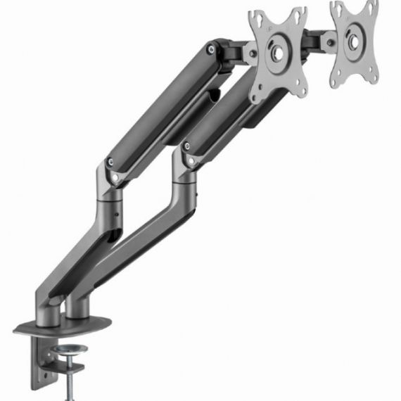 ARM FOR 2 MONITORS 17”-32” - GEMBIRD MA-DA2-05, STEEL (1.35 MM), GAS SPRING 2-9 KG PER DISPLAY, VESA 75/100, ARM ROTATES, EXTENDS AND RETRACTS, TILTS TO CHANGE READING ANGLES, AND ALLOWS TO ROTATE DISPLAY FROM LANDSCAPE-TO-PORTRAIT MODE, SPACE GREY