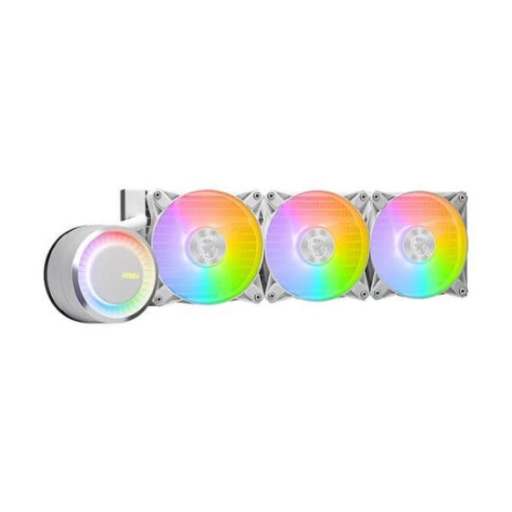 MSI MAG CORELIQUID E360 WHITE, 360MM RADIATOR, INTEL LGA 1700/1200/115X & AMD AM5/AM4/TR4/STRX4, 3X 120MM ARGB FDB FANS, 14.3 ~ 34.3 DBA, 78.73 CFM, 4-PIN PWM, PUMP W/ARGB: 3000 RPM ± 10%, 20 DBA, 4-PIN PWM, 200,000 HOURS, COOPER BASE, ROTATABLE WATER CAP