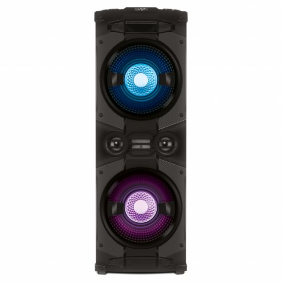 SVEN PS-1500, 500W (2X250) DYNAMIC SWITCHABLE RGB BACKLIGHT, TWS, BLUETOOTH, FM, USB, LED DISPLAY, MICROPHONE INPUT FOR KARAOKE, NFC, AUDIO INPUT FOR CONNECTING AN ELECTRIC GUITAR, CARRYING HANDLE AND WHEELS, WOODEN BODY (MDF), 13 KG, BLACK