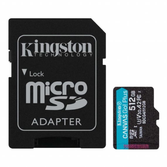 512GB MICROSD CLASS10 A2 UHS-I U3 (V30) KINGSTON CANVAS GO PLUS GEN 4 + SD ADAPTER, ULTIMATE, UP TO 200MB/S, IDEAL FOR ANDROID MOBILE DEVICES, ACTION CAMS, DRONES AND 4K VIDEO PRODUCTION