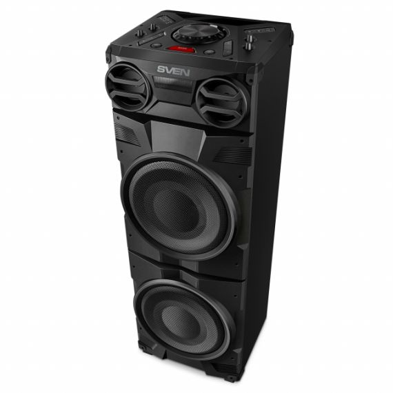 SVEN PS-1900, 1000W (2X500) DYNAMIC SWITCHABLE RGB BACKLIGHT, TWS, BLUETOOTH, FM, USB, LED DISPLAY, 2 MICROPHONE INPUTS FOR KARAOKE, NFC, AUDIO INPUT FOR CONNECTING AN ELECTRIC GUITAR, CARRYING HANDLE AND WHEELS, WOODEN BODY (MDF), 17.2 KG, BLACK