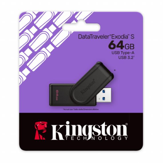 64GB USB3.2  KINGSTON DATATRAVELER EXODIA S BLACK, MOVING CAP DESIGN, (READ 100 MBYTE/S, WRITE 12 MBYTE/S)