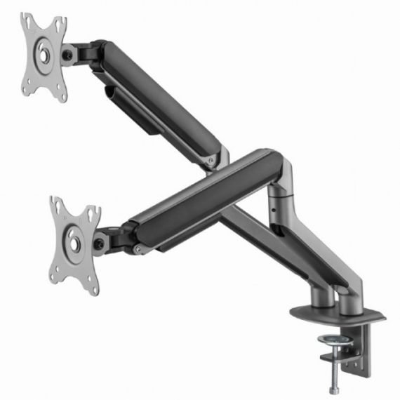 ARM FOR 2 MONITORS 17”-32” - GEMBIRD MA-DA2-05, STEEL (1.35 MM), GAS SPRING 2-9 KG PER DISPLAY, VESA 75/100, ARM ROTATES, EXTENDS AND RETRACTS, TILTS TO CHANGE READING ANGLES, AND ALLOWS TO ROTATE DISPLAY FROM LANDSCAPE-TO-PORTRAIT MODE, SPACE GREY