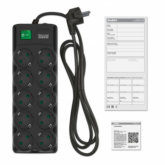 SURGE PROTECTOR SVEN SF-10E-16, 10 SOCKETS, CHILDREN PROTECTION, VARISTOR PROTECTION, NON-FLAMMABLE, 3680W, 1.8M, BLACK