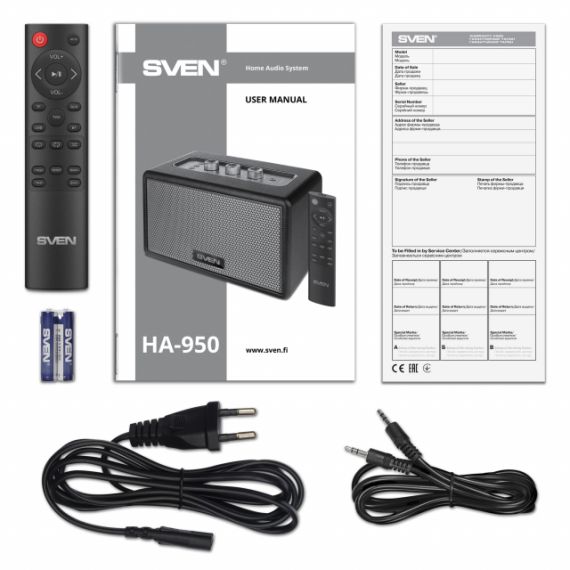 SVEN HA-950, BLUETOOTH HOME AUDIO SYSTYEM 60W (RMS), TWS, USB, MICROSD, REMOTE CONTROL, MDF, SOFT ECO-LEATHER, VOLUME AND TONE ROTARY KNOBS ON THE TOP PANEL, AUX INPUT, BLACK
