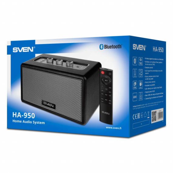 SVEN HA-950, BLUETOOTH HOME AUDIO SYSTYEM 60W (RMS), TWS, USB, MICROSD, REMOTE CONTROL, MDF, SOFT ECO-LEATHER, VOLUME AND TONE ROTARY KNOBS ON THE TOP PANEL, AUX INPUT, BLACK