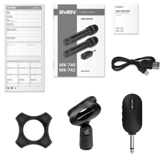 SVEN MK-740, WIRELESS DYNAMIC MICROPHONE, LI-ION 180MAH, 2.4GHZ RADIO / 6.3 MM PLUG, UP TO 25 M DISTANCE, UP TO 12 HOURS, POP FILTER, BLACK