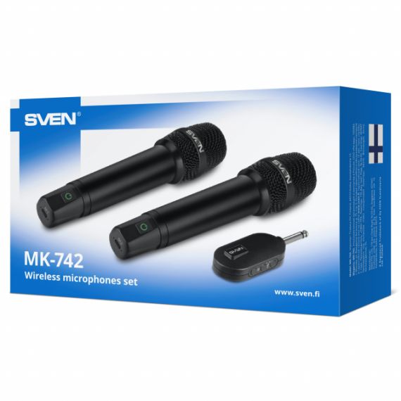 SVEN MK-742, TWO WIRELESS DYNAMIC MICROPHONES, LI-ION 180MAH, 2.4GHZ RADIO / 6.3 MM PLUG, UP TO 25 M DISTANCE, UP TO 12 HOURS, POP FILTER, BLACK