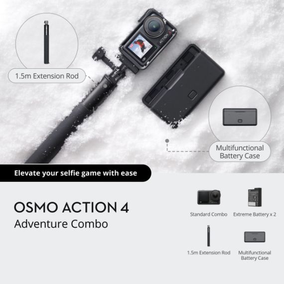 (965080) ACTION CAMERA DJI OSMO ACTION 4, ADVENTURE COMBO, 1/1.3” CMOS, 10MP, 155° F/2.8, ISO 100-12800, 4K 120FPS / FHD 240 FPS, HDR, MAX VIDEO BITRATE 130MBPS,  MICROSD, WI-FI, BLUETOOTH 5.0, FRONT SCREEN 1.4 INCH, BACK SCREEN 2.25 INCH,1770 MAH,145G (3