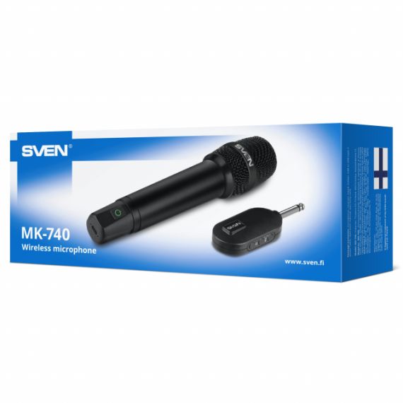 SVEN MK-740, WIRELESS DYNAMIC MICROPHONE, LI-ION 180MAH, 2.4GHZ RADIO / 6.3 MM PLUG, UP TO 25 M DISTANCE, UP TO 12 HOURS, POP FILTER, BLACK