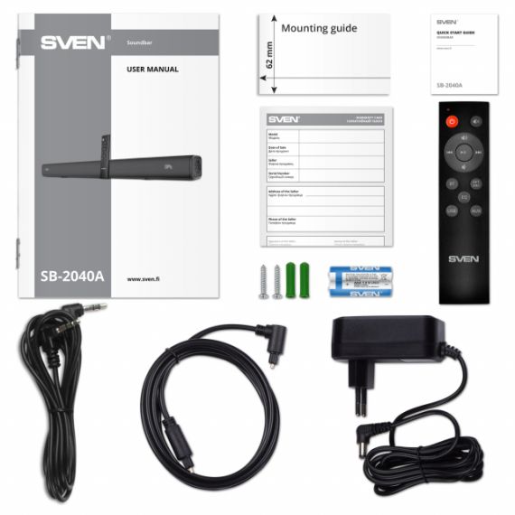 SVEN SOUNDBAR SB-2040A, 40 W, BLUETOOTH, USB, AUX (3.5MM JACK), HDMI (ARC), SPDIF (OPTICAL), REMOTE CONTROL, LED DISPLAY, BLACK